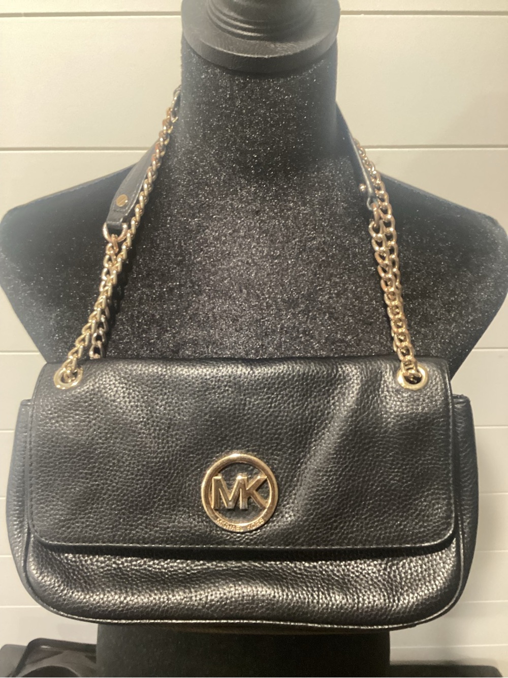 Michael Kors Black Pebbled Leather Shoulder Bag with Gold Hardware